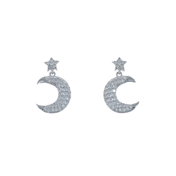 Cubic Zirconia Genuine Sterling Silver Star And Moon Post Dangle Earrings JX128592